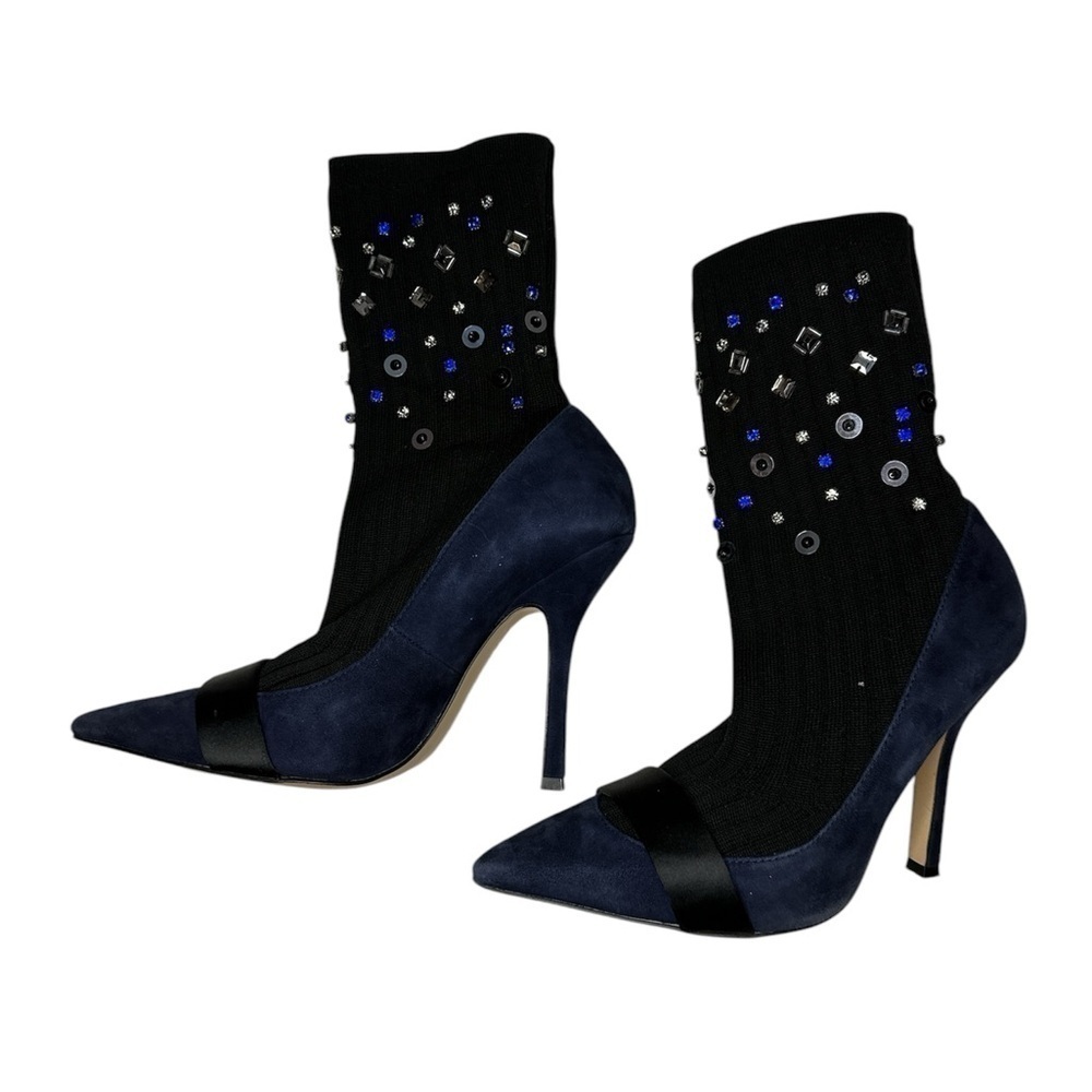Zara Women’s Navy Blue Black Sock Boot Heel Embellished Beaded Glam Chic Sz 37